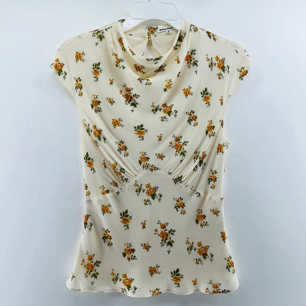 REFORMATION Bettie Floral PREPPY Cap Sleeve HIGH NECK MOCK Top WOMENS 0 XS - Picture 2 of 10